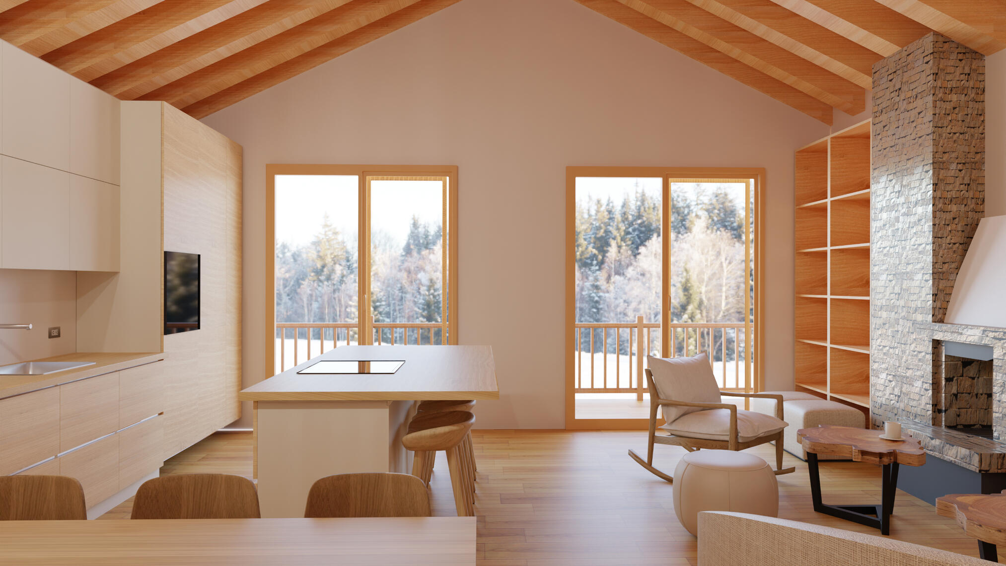 Kitchen, Living Room &amp; Chimney